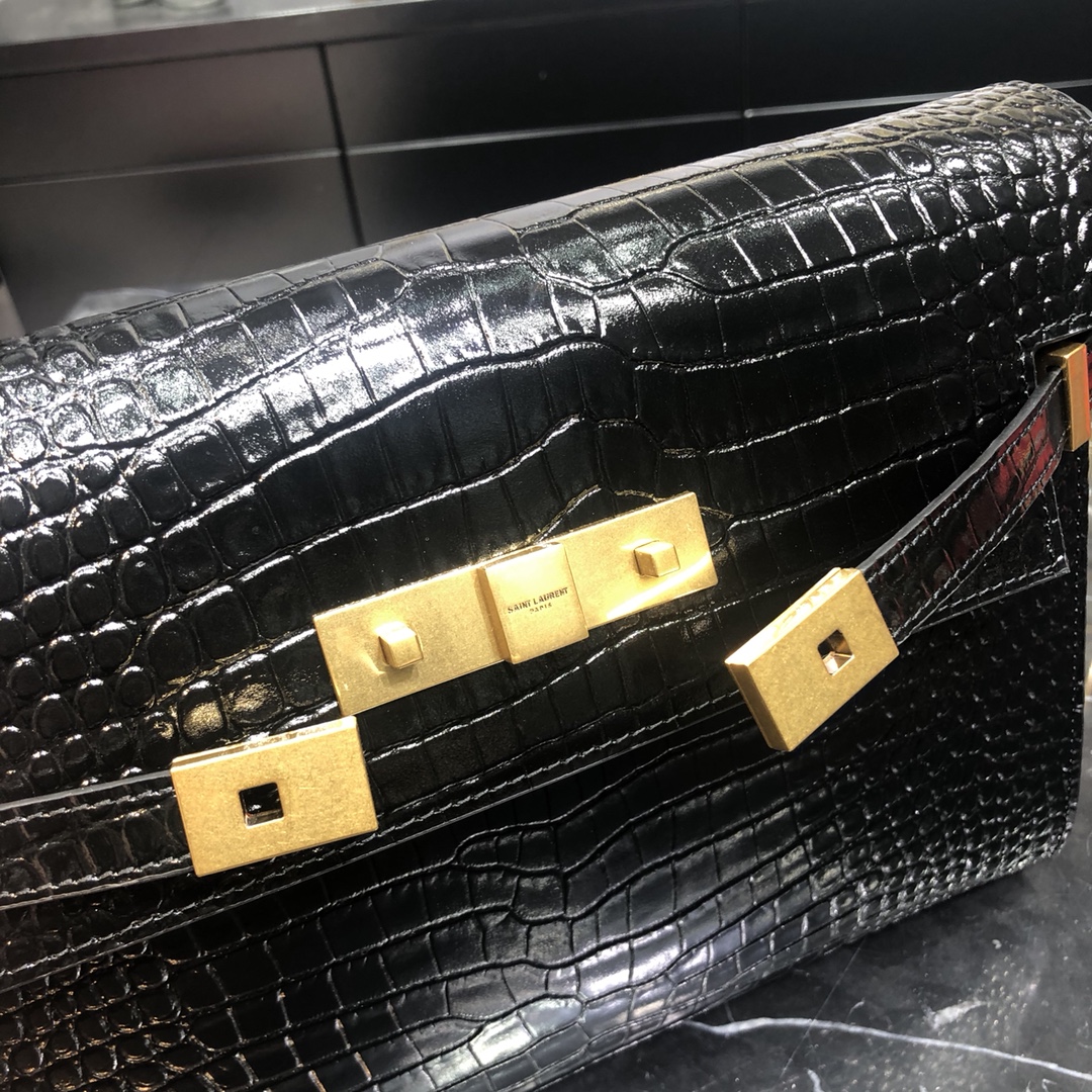 Saint Laurent Manhattan Box Crocodile Embossed Calfskin Shoulder Bag Black 579271 